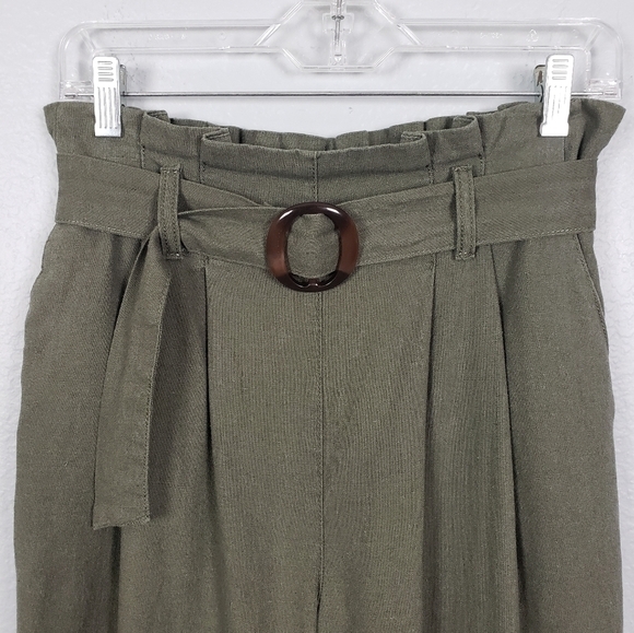 Linen Blend Cropped Paperbag Waist Olive Green Pants Sz M Goblincore Gremlincore - Picture 2 of 7